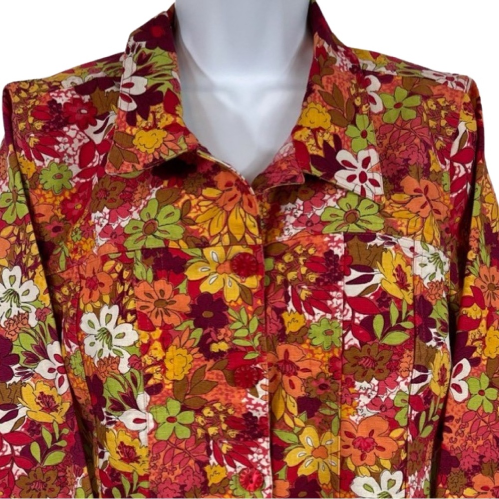 Retro Floral Print Linen Cotton Blend Jacket M Orange Gold - Picture 2 of 11